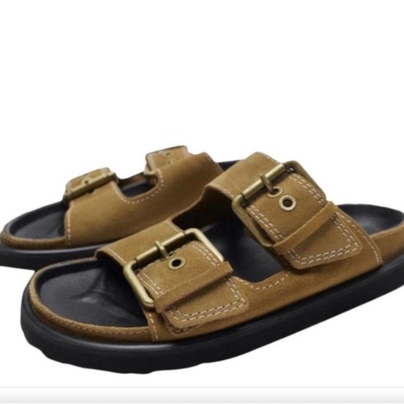 Zara Brown Buckled Leather Sandal Flats Sz 9 - Picture 4 of 7